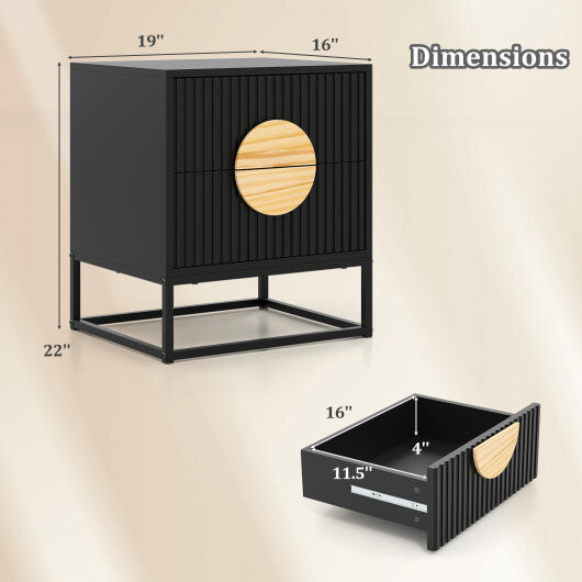 Modern Mid Century Fluted Nightstand with 2 Drawers and Pine Wood Handles for Bedroom-White