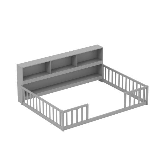Full Size Montessori Floor Bed with Bookcase-White