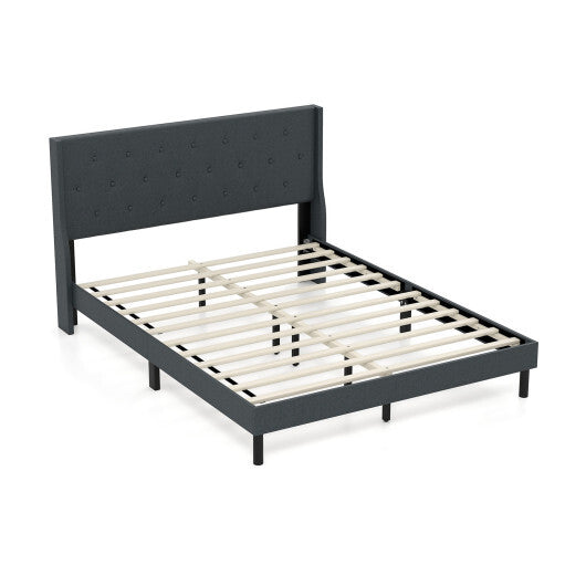 Queen Size Upholstered Bed Frame with Button Tufted Wingback Headboard and Wooden Slats Support Mattress Foundation-Gray