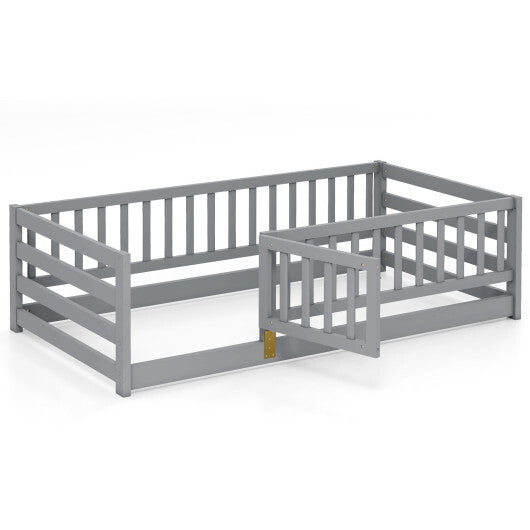 Twin Size Floor Bed with High Fence and Door Playhouse for Kids-White
