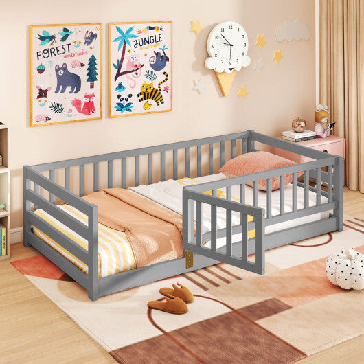 Twin Size Floor Bed with High Fence and Door Playhouse for Kids-White