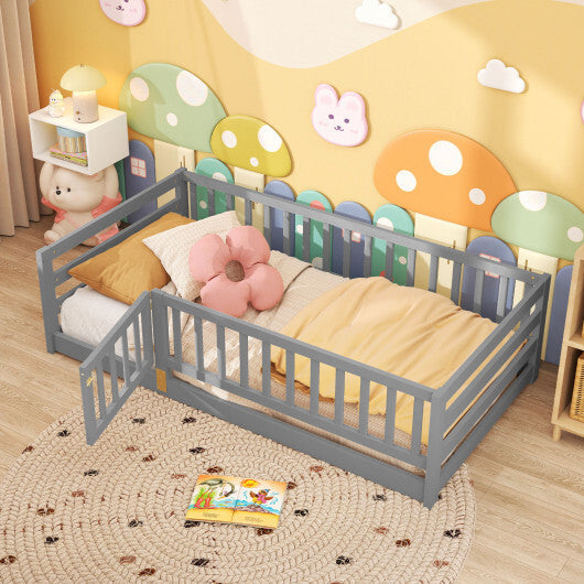 Twin Size Floor Bed with High Fence and Door Playhouse for Kids-White