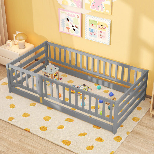 Twin Size Floor Bed with High Fence and Door Playhouse for Kids-White