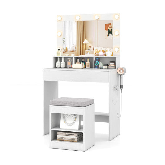 Vanity Table Set with Lighted Mirror and Cushion Stool-Black