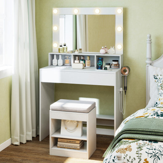 Vanity Table Set with Lighted Mirror and Cushion Stool-Black