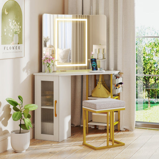 Corner Vanity Desk with Mirror and Lights Makeup Dressing Table with Triple Mirror-White