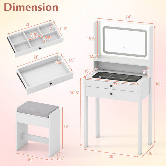 Small Vanity Desk with Mirror and Lights for Bedroom-White