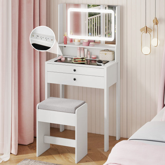Small Vanity Desk with Mirror and Lights for Bedroom-White