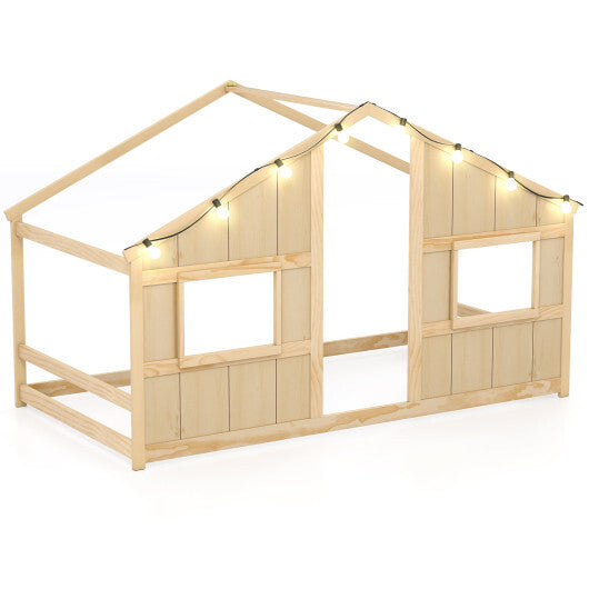 Twin Size House Bed with LED Lights Montessori Slat-free Floor Bed-Natural