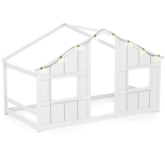 Twin Size House Bed with LED Lights Montessori Slat-free Floor Bed-Natural
