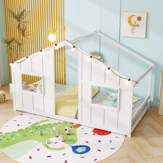 Twin Size House Bed with LED Lights Montessori Slat-free Floor Bed-Natural
