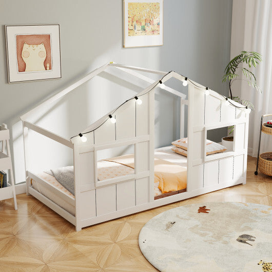 Twin Size House Bed with LED Lights Montessori Slat-free Floor Bed-Natural