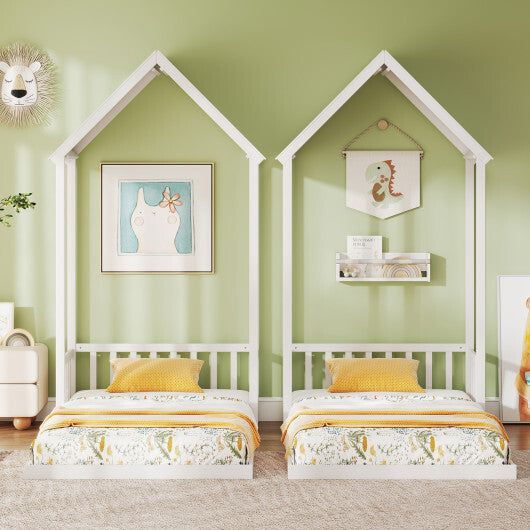 Twin Size House Bed with House Shape Roof and Semi-Fence-Natural