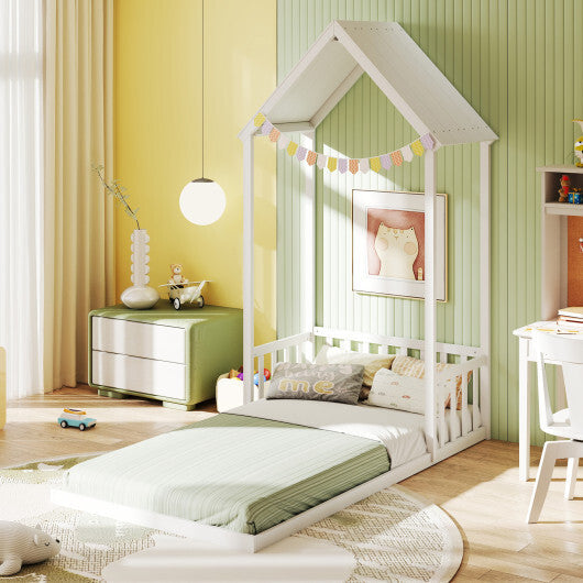 Twin Size House Bed with House Shape Roof and Semi-Fence-Natural