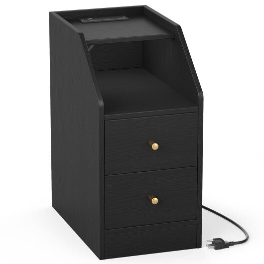 Side End Table with Charging Station Sofa Couch Table with Shelf Drawers-Black