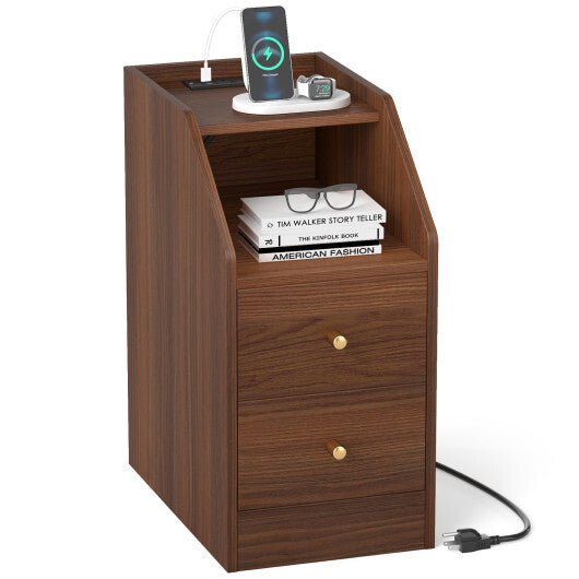 Side End Table with Charging Station Sofa Couch Table with Shelf Drawers-Black