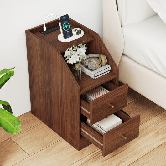 Side End Table with Charging Station Sofa Couch Table with Shelf Drawers-Black