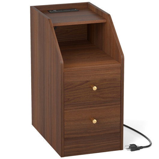 Side End Table with Charging Station Sofa Couch Table with Shelf Drawers-Black
