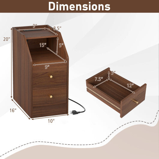 Side End Table with Charging Station Sofa Couch Table with Shelf Drawers-Black