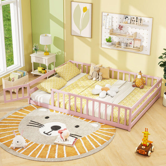 Full Size Floor Bed with Full Length Safety Guardrails-Natural