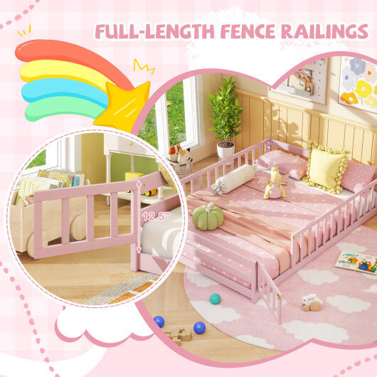 Full Size Floor Bed with Full Length Safety Guardrails-Natural