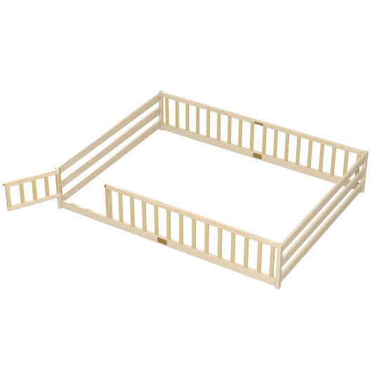 Queen Size Floor Bed Kids Montessori Bed Frame with Full Length Safety Guardrails-Gray