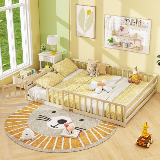 Queen Size Floor Bed Kids Montessori Bed Frame with Full Length Safety Guardrails-Gray