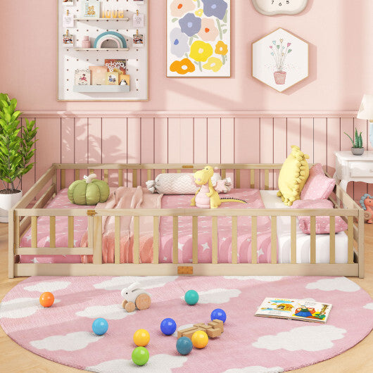 Queen Size Floor Bed Kids Montessori Bed Frame with Full Length Safety Guardrails-Gray