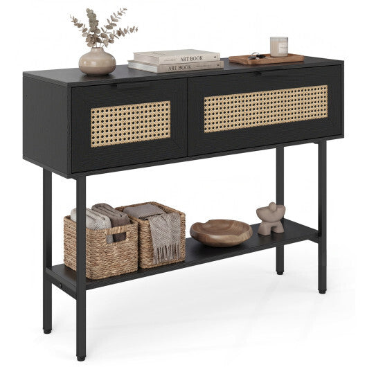 Rattan Console Table with 2 Storage Cabinets Shelf Carbon Steel Frame-Black