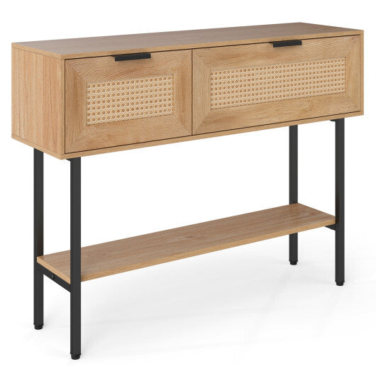Rattan Console Table with 2 Storage Cabinets Shelf Carbon Steel Frame-Black