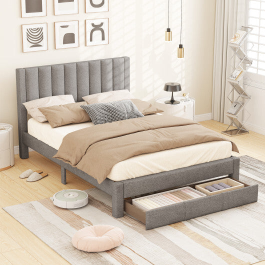 Queen Size Bed Frame with Storage Drawer and Vertical Channel Headboard-Gray