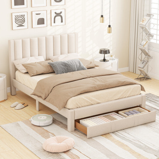 Queen Size Bed Frame with Storage Drawer and Vertical Channel Headboard-Gray