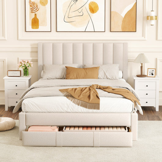 Queen Size Bed Frame with Storage Drawer and Vertical Channel Headboard-Gray