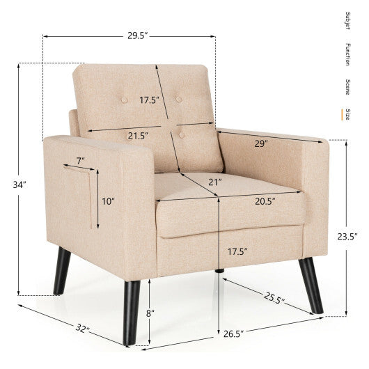 Mid-Century Upholstered Armchair Club Chair with Rubber Wood Legs-Gray