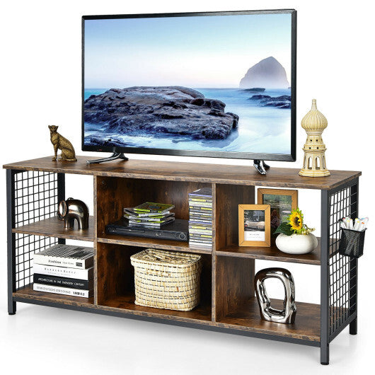 Mid-Century Wooden TV Stand with Storage Basket for TVs up to 65 Inch-Rustic Brown
