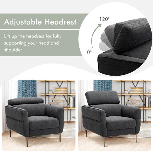 Modern Upholstered Single Sofa with Adjustable Headrest and Stable Metal Legs-White