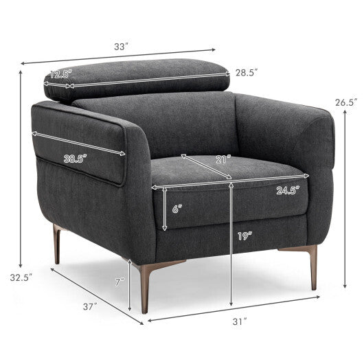 Modern Upholstered Single Sofa with Adjustable Headrest and Stable Metal Legs-White