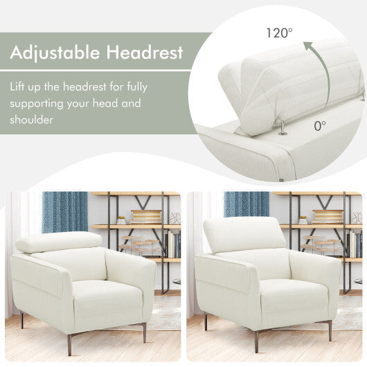 Modern Upholstered Single Sofa with Adjustable Headrest and Stable Metal Legs-White