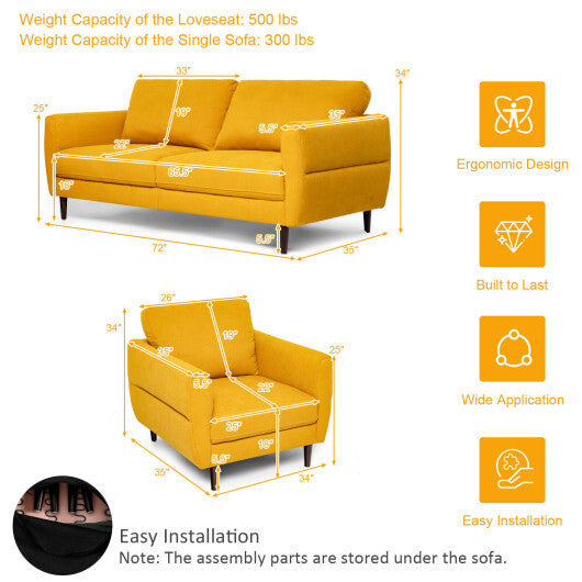 2 Pieces Upholstered Sofa Set with Removable Cushion Covers-Navy