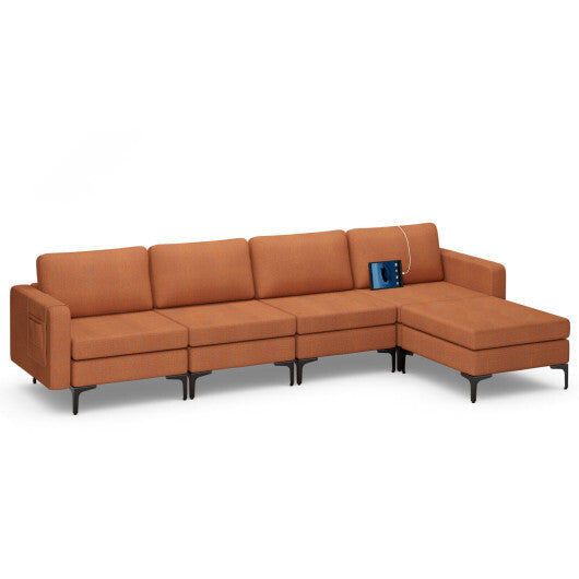 1/2/3/4-Seat Convertible Sectional Sofa with Reversible Ottoman-4-Seat L-shaped with 2 USB Ports