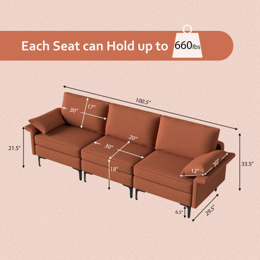 Large 3-Seat Sofa Sectional with Metal Legs and 2 USB Ports for 3-4 people-Green