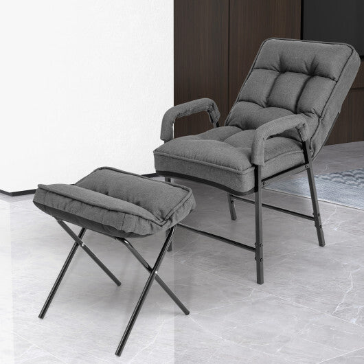 Linen Fabric Modern Accent Chair with Ottoman and Adjustable Backrest-Beige
