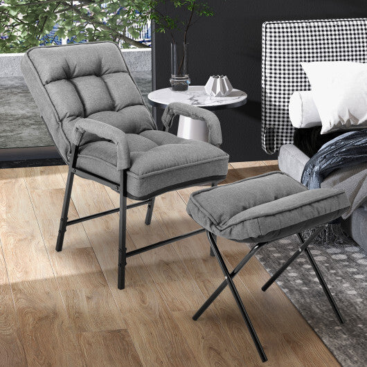 Linen Fabric Modern Accent Chair with Ottoman and Adjustable Backrest-Beige