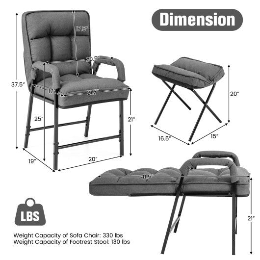 Linen Fabric Modern Accent Chair with Ottoman and Adjustable Backrest-Beige