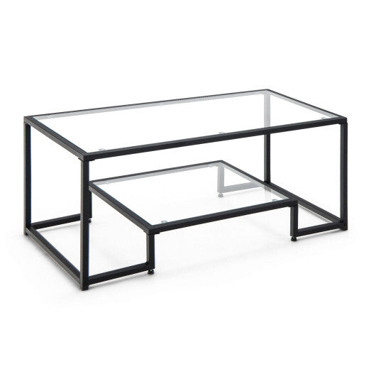 Modern 2-Tier Rectangular Coffee Table with Glass Table Top-Golden