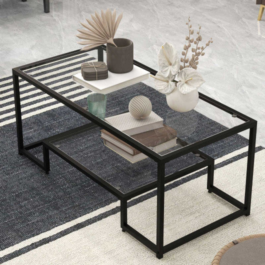 Modern 2-Tier Rectangular Coffee Table with Glass Table Top-Golden
