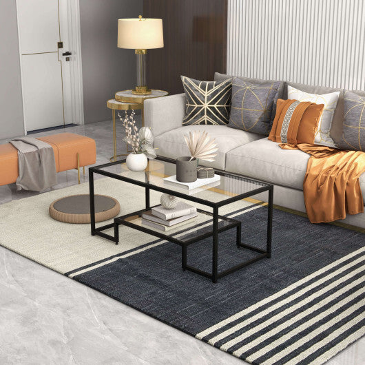 Modern 2-Tier Rectangular Coffee Table with Glass Table Top-Golden