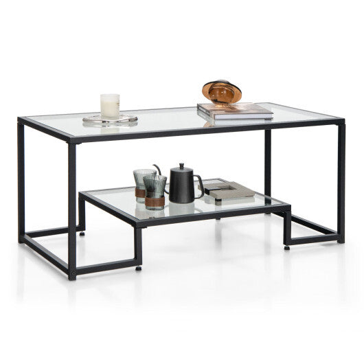 Modern 2-Tier Rectangular Coffee Table with Glass Table Top-Golden