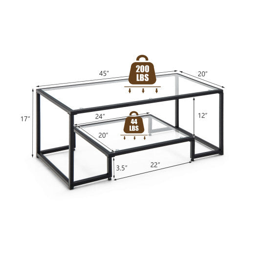 Modern 2-Tier Rectangular Coffee Table with Glass Table Top-Golden