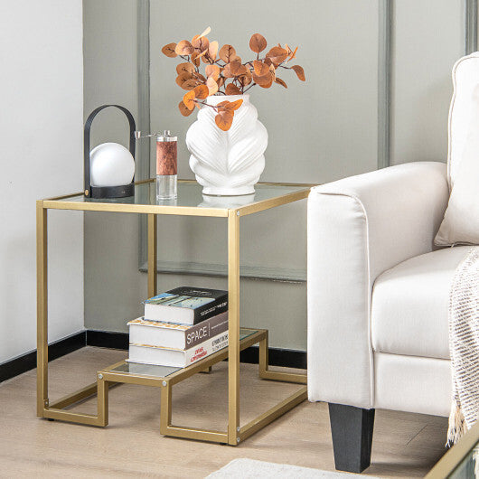 22 Inch 2-Tier Square Sofa Side Table with Tempered Glass Tabletop-Bronze